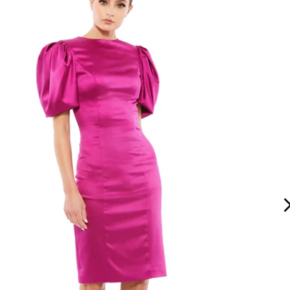 MAC DUGGAL 26636 SATIN PUFF SLEEVE FITTED MINI MAGENTA SHEATH DRESS sz 0 - Picture 1 of 4